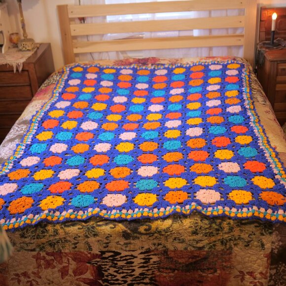 vtg Blue Orange Crochet Granny Square Flower Afghan Throw Boho Hippie 57" x 81" - Picture 2 of 9